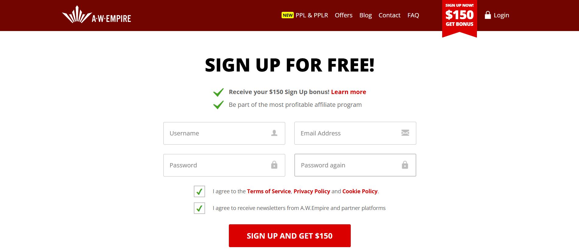 A.W. Empire Sign Up form